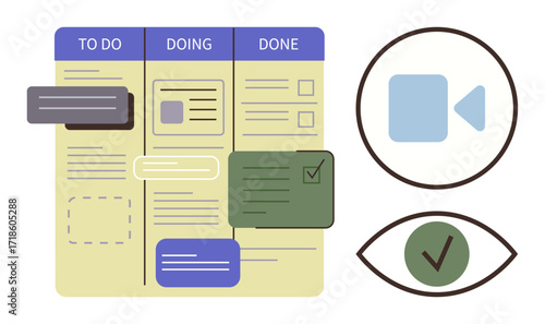 Collaborative workflow visualized with cards on a task board, including video and review icons. Ideal for productivity, project tracking, collaboration, time management, task prioritization