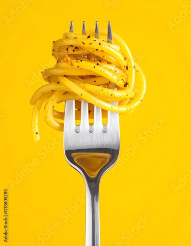 Delicious Pasta Twirled on a Fork with Yellow Background
