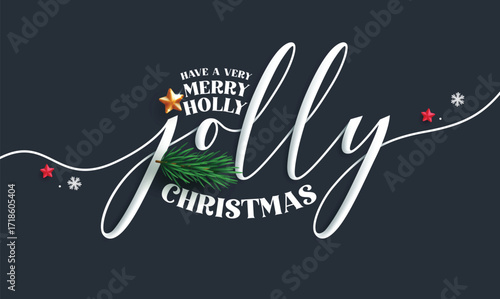 Merry Christmas greeting card clipart design. Merry holly jolly Christmas calligraphy text in simple elegant blue background for Christmas card banner vector illustration.
