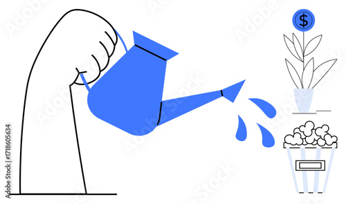Hand pouring water from a watering can onto a plant with a dollar coin icon and blooming container. Ideal for investment, growth, business, nurturing, finances, entrepreneurship, prosperity. Simple