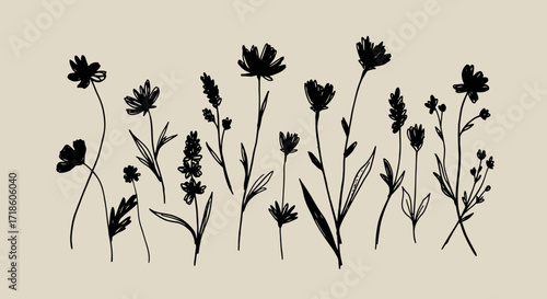 Elegant wildflower line art design for minimalist branding, invitations, or a touch of nature, bringing a modern simplicity to your design project