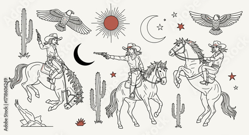 Dynamic cowgirls in action, riding horses and aiming pistols against a desert sky with eagles and celestial elements, evoking wild west adventure.