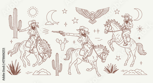 Dynamic cowgirls on horseback with revolvers, desert cacti, sun, moon, and eagle create a vibrant western adventure scene.