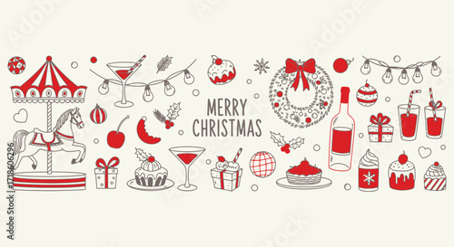 Festive hand-drawn Christmas elements celebrating holiday cheer with a carousel, treats, drinks, and gifts perfect for festive designs