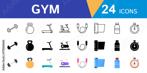 Collection of gym icons such as Dumbbell, Treadmill, Jump Rope, Stopwatch and more.
