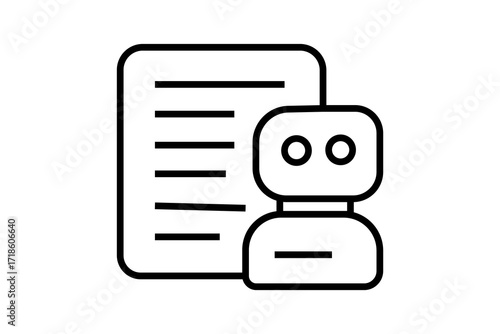 This image shows an icon of a robot placed in front of a document or text file. The robot has a simple design with two circular eyes, representing an AI chatbot or virtual assistant.