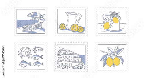 Charming vintage stamp collection captures idyllic coastal vacation vibes with lemons, seafood, and seaside architecture