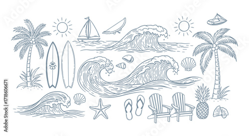 Dynamic ocean waves crash ashore near palm trees and surfboards, evoking a perfect tropical beach vacation vibe for summer travel and relaxation.
