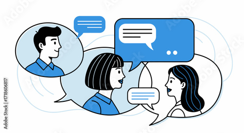 Diverse team members actively discussing ideas and collaborating through modern communication, fostering teamwork and engagement.