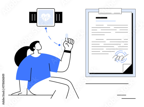 Person interacting with wearable health device as digital data connects to a signed document. Ideal for health tech, data security, digital health, smart devices, remote monitoring, technology