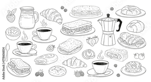 Delicious breakfast spread featuring coffee, sandwiches, pastries, and fresh berries, perfect for cafe menus and lifestyle promotions.