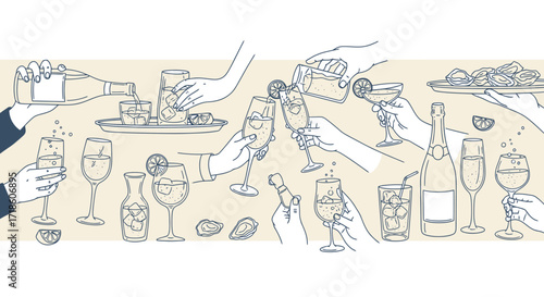 Cheers to celebration and good times with friends, clinking glasses filled with bubbly drinks and delicious oysters at a festive gathering