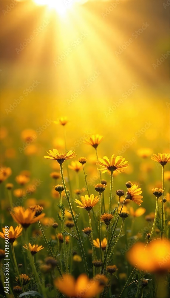 Fototapeta premium Serene Saffron Wildflower Field Golden Light Bathes Peaceful Meadow in Ethereal Glow, Evoking Calm and Spirituality