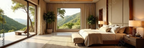 Sun-drenched master suite with high ceilings, opulent furnishings, and expansive windows overlooking a lush landscape A picture of ultimate relaxation and refined living , greenery, garden, room