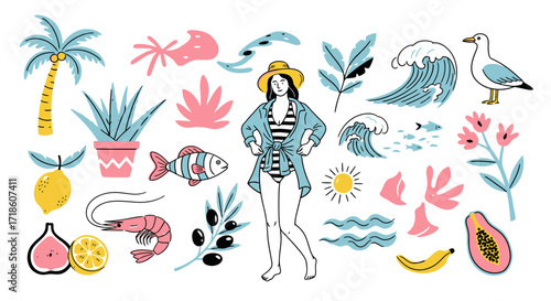 Vibrant summer beach vacation elements with a stylish woman, tropical plants, ocean waves, and fresh fruits creating a festive and energetic holiday vibe.