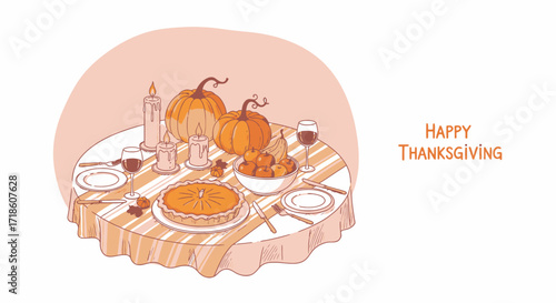 Celebrate autumn's bounty with a warm Thanksgiving feast featuring pumpkins, pie, and festive candles, perfect for holiday greetings