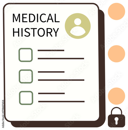 Medical history document featuring user profile icon, checklist, and lock symbol. Ideal for healthcare, patient records, security, data protection, medical forms, privacy policies simple flat