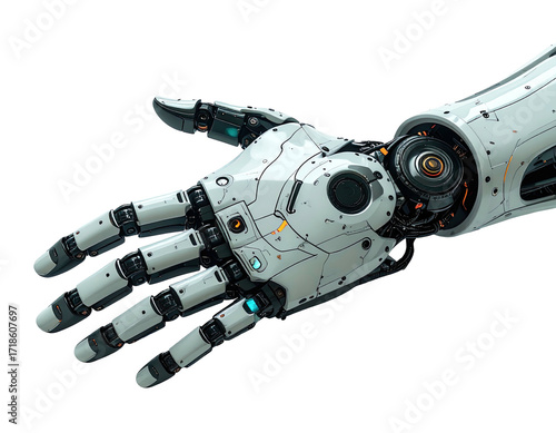 Close-up of a futuristic robotic hand with articulated fingers and visible inner mechanisms