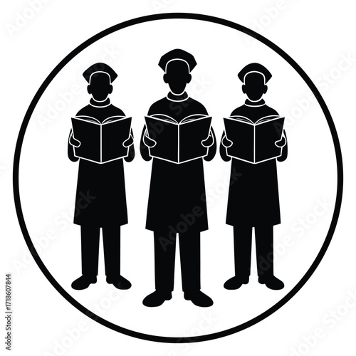 A black silhouette of a carolers singing