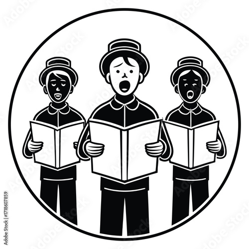 A black silhouette of a carolers singing