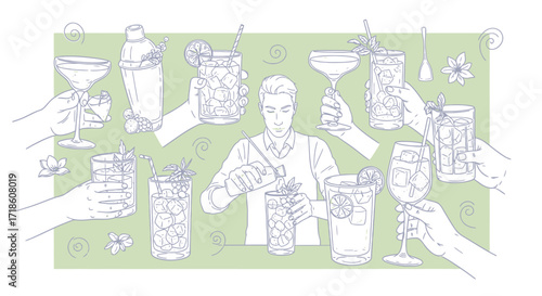 Bartender crafting refreshing cocktails surrounded by hands holding various drinks and garnishes, perfect for bar promotions and summer celebrations