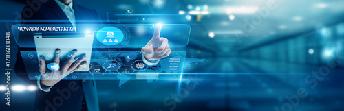 Valokuva Businessman analyzing global networks network administration, IT infrastructure,