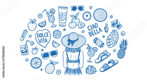 Embrace the sweet life with vibrant summer vibes, featuring 'Dolce Vita' and 'Ciao Bella' in a delightful blue doodle collage of sun, fruits, and beach essentials.
