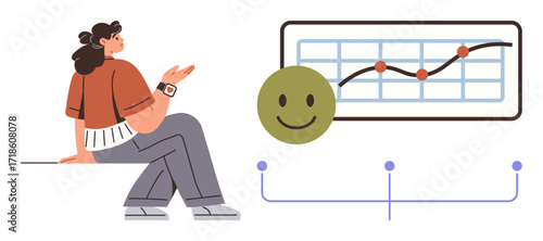 Woman sitting beside a chart with rising trend and happy face emotion, emphasizing growth and positivity. Ideal for data analysis, stats, productivity, success, business growth, positivity, simple