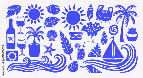 Vibrant summer beach icons capture joyful vacation vibes with sun, waves, palm trees, and refreshing drinks for a perfect getaway.