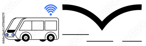 Electric bus with wireless signal driving along marked road approaching bridge. Ideal for transportation, autonomy, sustainability, technology, innovation, connectivity, smart city. Simple flat