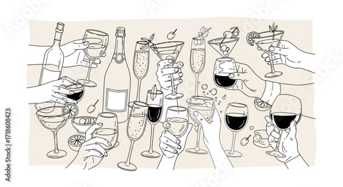 Cheers and celebration as diverse hands raise glasses of wine, champagne, and cocktails, toasting joy and festive moments