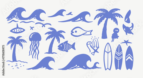 Vibrant blue hand-painted beach vibes with surfing, palm trees, waves, fish, and jellyfish create a lively summer coastal collection