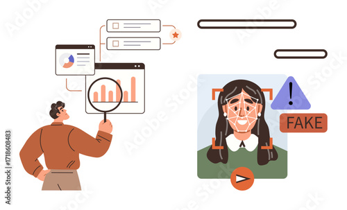 Man inspecting analytics, graphs, and charts while a face recognition system flags fake identity with a warning sign. Ideal for analytics, identity verification, fraud detection, cybersecurity, AI