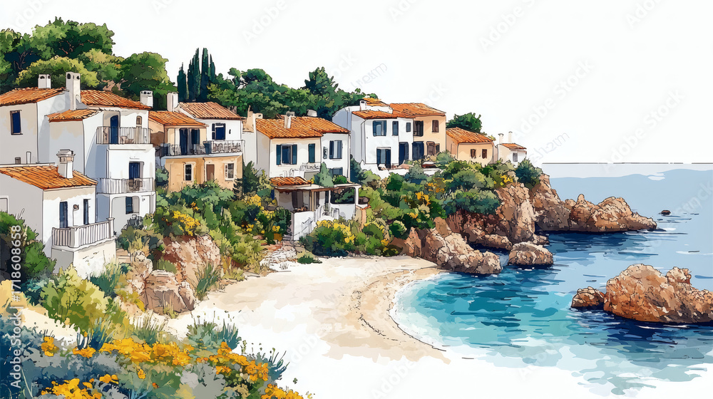 Fototapeta premium Coastal village watercolor painting