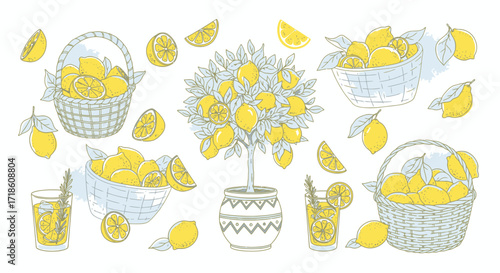 Vibrant lemons bursting with sunshine, gathered in charming baskets and a delightful tree, perfect for fresh, zesty designs and joyful projects