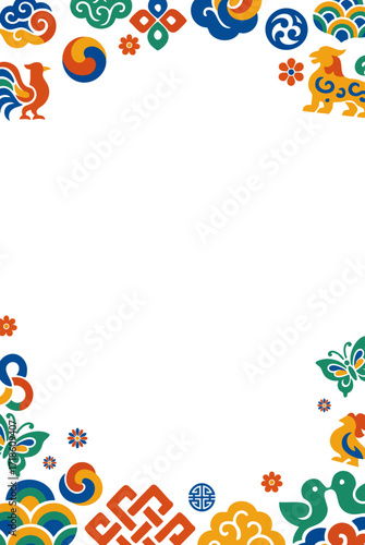 Traditional Pattern Frame Decoration, Isolated Background. Colorful Korean Motifs and Symbols, Border Design with Folk Beauty, Traditional Event Invitation