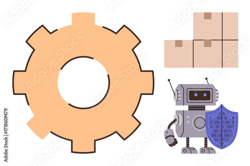 Robot with arm holding a shield featuring binary, large gear for mechanics, and boxes for cargo. Ideal for automation, robotics, manufacturing, logistics, cyber security, technology artificial