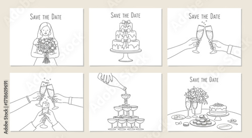 Elegant wedding celebration elements and bride with bouquet, perfect for save the date announcements and event planning