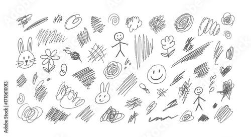 Playful black and white hand-drawn doodles featuring cute bunnies, happy faces, stick figures, and abstract scribbles perfect for whimsical designs