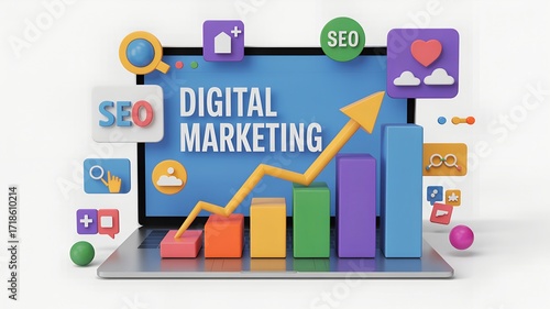 Laptop showing digital marketing concept with graph and seo icons around