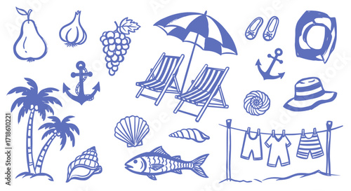 Vibrant hand-drawn summer beach icons capture the essence of vacation and relaxation with playful charm and seaside appeal