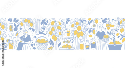 Vibrant summer scene captures joyful woman making fresh lemonade amidst abundant lemon trees and juicy fruit harvests