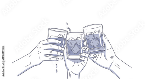 Three friends clinking glasses of whiskey with ice, celebrating together in a toast capturing moments of joy and camaraderie