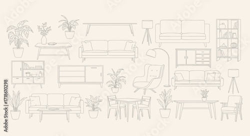 Stylish modern furniture and plant illustrations creating a chic home interior design concept