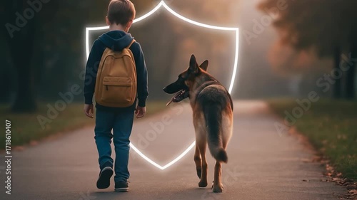 Child walking with dog on path outdoors symbolizing protection and safety