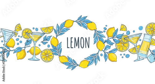 Refreshing lemon cocktails and citrus slices adorn a vibrant backdrop perfect for summer promotions and beverage branding