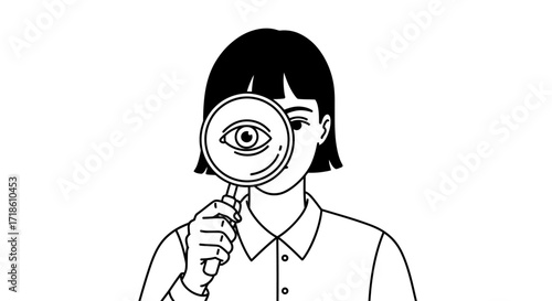 Curious woman with bob haircut intently examining through a magnifying glass, revealing an eye symbol for investigation and discovery