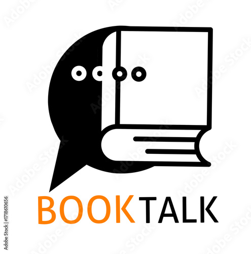 Minimalist vector logo design featuring a book combined with a speech bubble, symbolizing reading, communication, and knowledge sharing. Perfect for book clubs, podcasts, educational platforms, librar