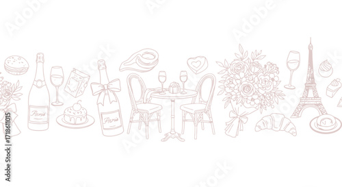 Charming Parisian romance scene with Eiffel Tower, champagne, flowers, and delightful pastries evoking a perfect date