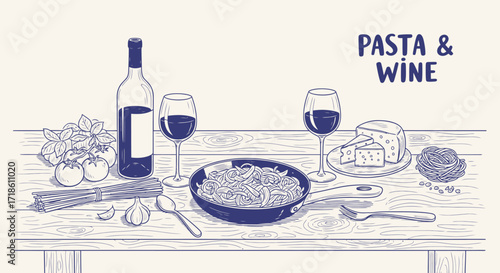 Enjoy a delightful evening with a classic pasta and wine pairing featuring fresh ingredients and rustic charm